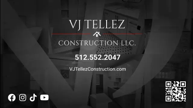 vj tellez construction serving austin texas and surrounding cities, social media channels, vj tellez logos and collage of remodeled projects.